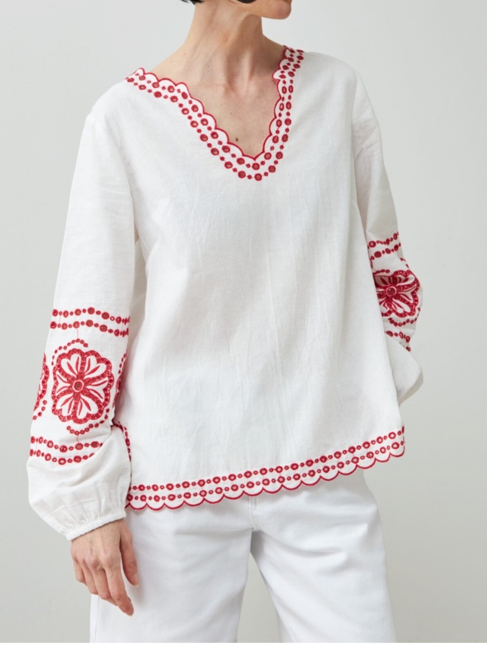 J. Crew Bungalow Linen Embroidery Long Sleeve Blouse Women’s Size Large